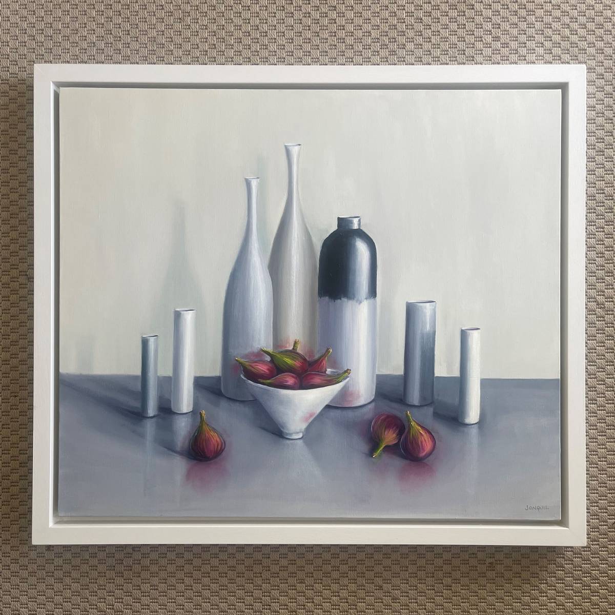 NewingerART: "Pale Bottles & Cylinders With Luscious Purple Figs" (Jonquil Williamson, 2023) Framed